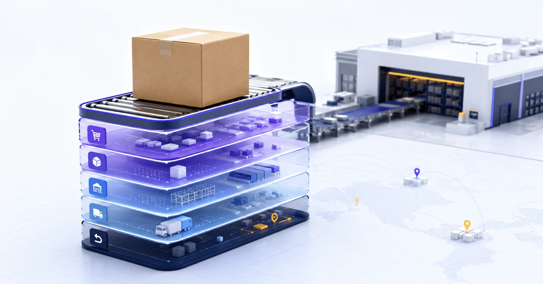 Amazon FBA fees visual showing a shipping box above layered fulfillment, storage, inbound, and returns costs
