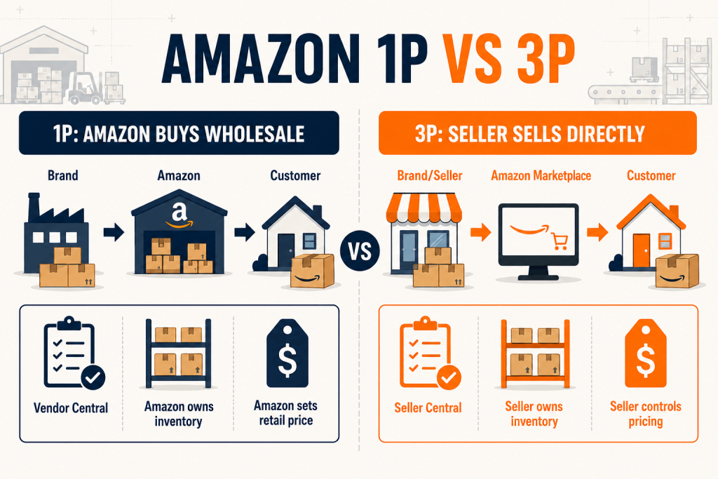 Decision infographic comparing Amazon 1P vs 3P, and hybrid selling models by workload, control, and catalog flexibility