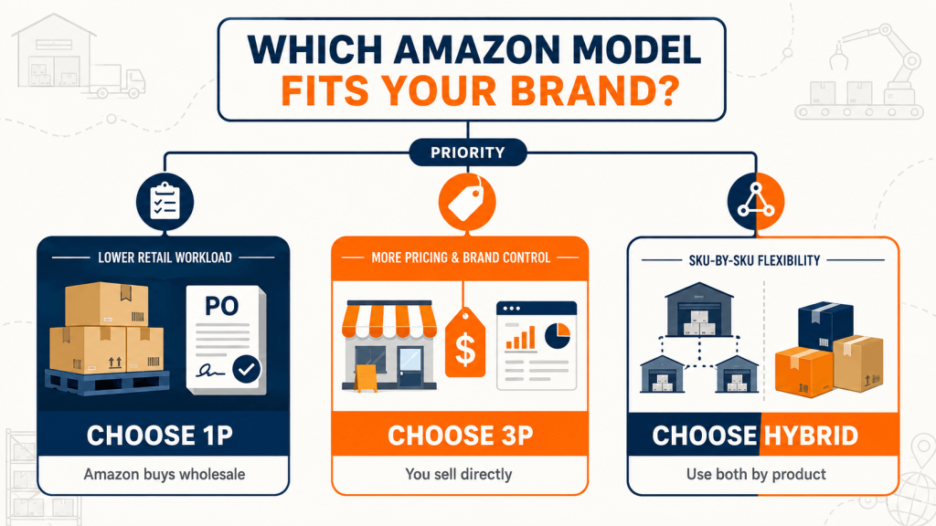 Decision infographic comparing Amazon 1P, 3P, and hybrid selling models by workload, control, and catalog flexibility