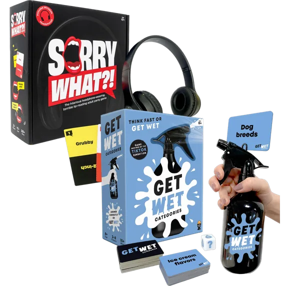Lucky Egg party games Sorry What and Get Wet Categories