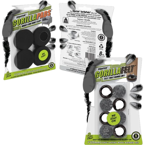 Slipstick GorillaPads furniture gripper pads and GorillaFelt tap-in felt pads