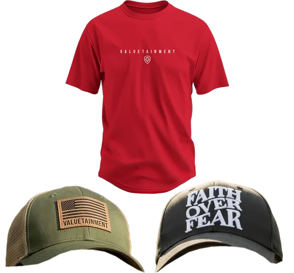 Valuetainment merch: red logo t-shirt, flag-patch trucker cap and Faith Over Fear cap